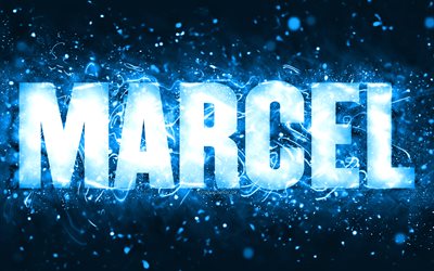 feliz cumplea&#241;os marcel, 4k, luces de ne&#243;n azules, nombre marcel, creativo, cumplea&#241;os de marcel, nombres masculinos americanos populares, imagen con nombre marcel, marcel