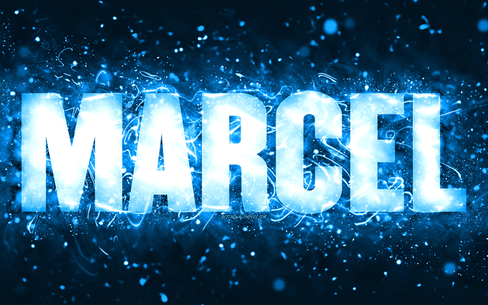 Happy Birthday Marcel, 4k, blue neon lights, Marcel name, creative, Marcel Happy Birthday, Marcel Birthday, popular american male names, picture with Marcel name, Marcel