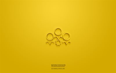 icono de grupo de trabajo 3d, fondo amarillo, s&#237;mbolos 3d, grupo de trabajo, iconos de negocios, iconos 3d, signo de grupo de trabajo, iconos de negocios 3d