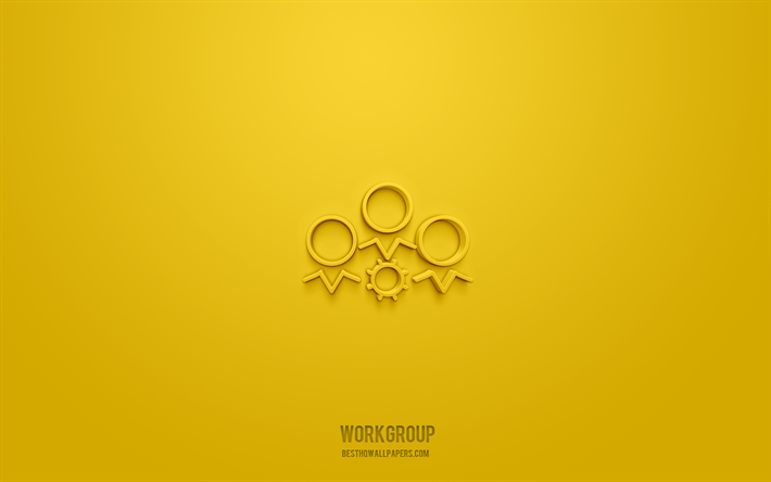 icono de grupo de trabajo 3d, fondo amarillo, s&#237;mbolos 3d, grupo de trabajo, iconos de negocios, iconos 3d, signo de grupo de trabajo, iconos de negocios 3d
