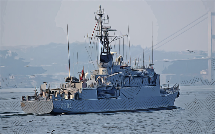 tcg bandırma, f-502, 4k, vekt&#246;r sanat, tcg bandırma &#231;izimi, t&#252;rk deniz kuvvetleri, yaratıcı sanat, tcg bandırma sanatı, vekt&#246;r &#231;izim, soyut gemiler, tcg bandırma f-502