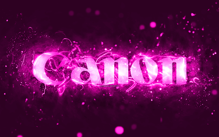 キヤノンパープルロゴ, 4k, 紫色のネオンライト, クリエイティブ, 紫の抽象的な背景, キヤノンのロゴ, ブランド, キヤノン