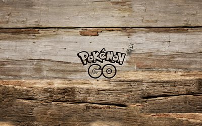 logo en bois pokemon go, 4k, arri&#232;re-plans en bois, marques de jeux, logo pokemon go, cr&#233;atif, sculpture sur bois, pokemon go