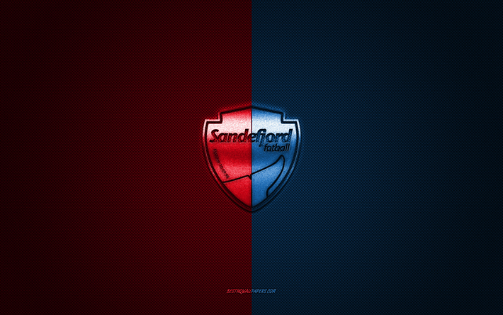 sandefjord fotball, squadra di calcio norvegese, logo blu rosso, sfondo blu rosso in fibra di carbonio, eliteserien, calcio, sandefjord, norvegia, sandefjord fotball logo
