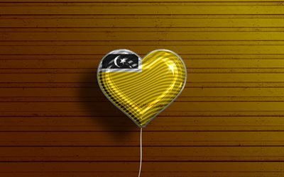I Love Kuala District, Terengganu, 4k, realistic balloons, yellow wooden background, Day of Kuala District, district of Terengganu, flag of Kuala District, Malaysia, balloon with flag, Kuala Terengganu District, Kuala District