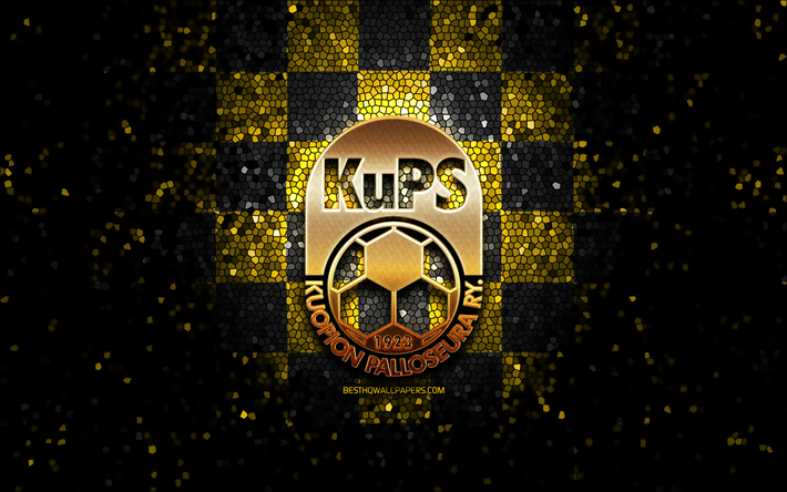 Kuopion Palloseura FC, glitter logo, Veikkausliiga, yellow black checkered background, soccer, finnish football club, KuPS FC logo, mosaic art, football, KuPS FC