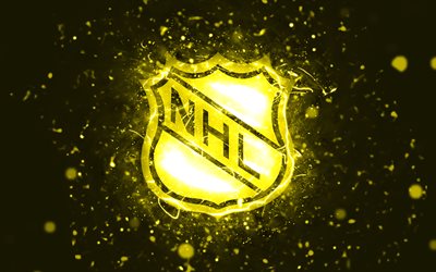 NHL yellow logo, 4k, yellow neon lights, National Hockey League, yellow abstract background, NHL logo, cars brands, NHL