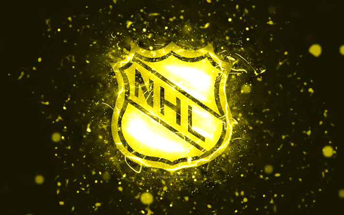 شعار nhl الأصفر, 4k, أضواء النيون الصفراء, دوري الهوكي الوطني, خلفية مجردة صفراء, شعار nhl, ماركات السيارات, nhl