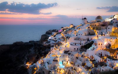 santorini, kväll, solnedgång, egeiska havet, santorini panorama, santorini stadsbild, havsbild, grekland