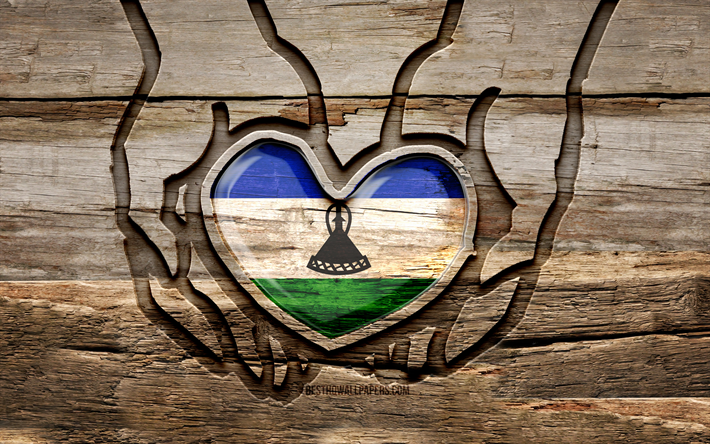 I love Lesotho, 4K, wooden carving hands, Day of Lesotho, Lesotho flag, Flag of Lesotho, Take care Lesotho, creative, Lesotho flag in hand, wood carving, african countries, Lesotho