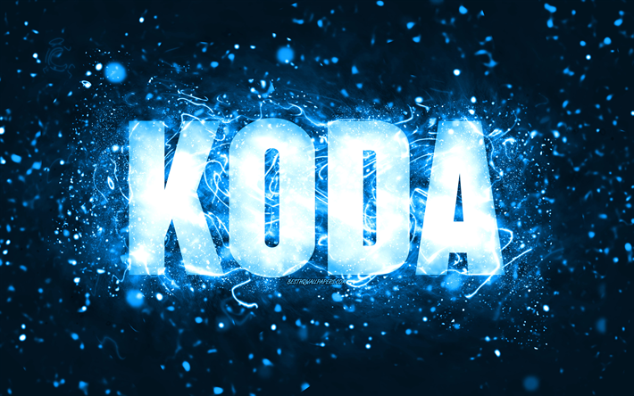 Happy Birthday Koda, 4k, blue neon lights, Koda name, creative, Koda Happy Birthday, Koda Birthday, popular american male names, picture with Koda name, Koda