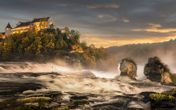 Rheinfall, waterfall, evening, sunset, Schloss Laufen, beautiful waterfall, Dachsen, Switzerland