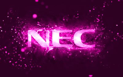 شعار nec الأرجواني, 4k, أضواء النيون الأرجواني, خلاق, الأرجواني الملخص الخلفية, شعار شركة nec, العلامات التجارية, nec