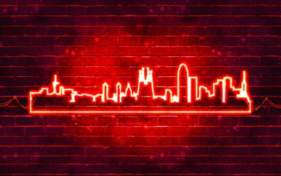 Barcelona red neon silhouette, 4k, red neon lights, Barcelona skyline silhouette, red brickwall, spanish cities, neon skyline silhouettes, Spain, Barcelona silhouette, Barcelona