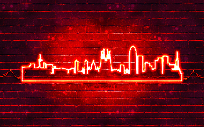 Barcelona red neon silhouette, 4k, red neon lights, Barcelona skyline silhouette, red brickwall, spanish cities, neon skyline silhouettes, Spain, Barcelona silhouette, Barcelona