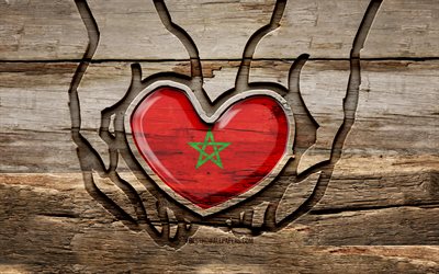 I love Morocco, 4K, wooden carving hands, Day of Morocco, Moroccan flag, Flag of Morocco, Take care Morocco, creative, Morocco flag, Morocco flag in hand, wood carving, african countries, Morocco