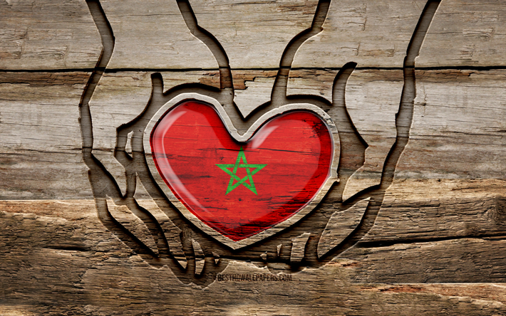 j aime le maroc, 4k, les mains de sculpture en bois, le jour du maroc, le drapeau marocain, le drapeau du maroc, prenez soin du maroc, cr&#233;atif, le drapeau du maroc &#224; la main, la sculpture sur bois, les pays africains, le maroc