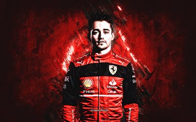 Charles Leclerc, Formula 1, Scuderia Ferrari, F1, portrait, Monegasque racing driver, Leclerc Ferrari, red stone background, grunge art, 2022, Ferrari