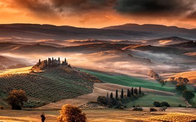 Toscana, colline, susnet, nebbia, campi, Italia