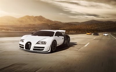 hypercars, Bugatti Veyron, estrada, supercarros, branco Veyron, movimento, Bugatti