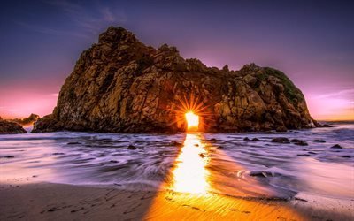 America, California, sunset, beach, sea, cliffs, USA