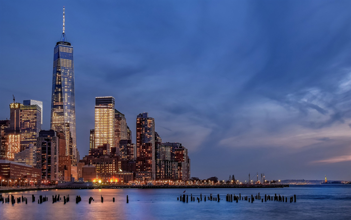 Nova York, Manhattan, World Trade Center 1, moderno arranha-c&#233;u, noite, horizonte, paisagem urbana, luzes da cidade, Battery Park City, EUA, Rio Hudson, NYC