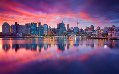 Sydney, sunset, moderneja rakennuksia, kaupunkimaisemat, panorama, Australia