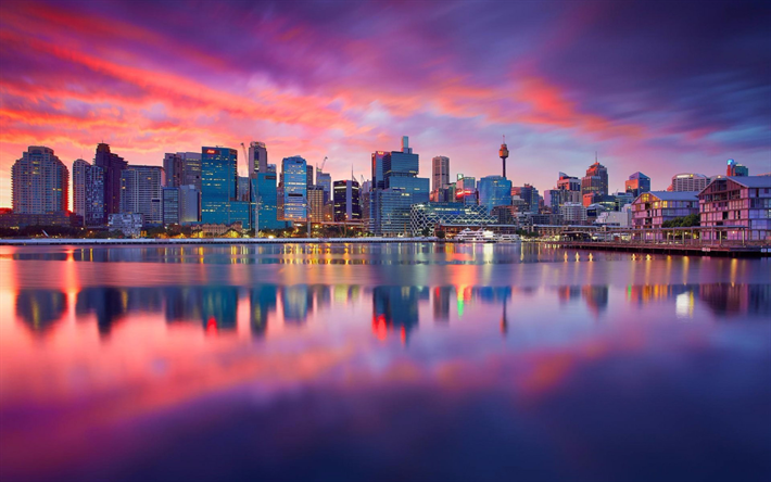 Sydney, tramonto, moderni edifici, paesaggi, panorama, Australia