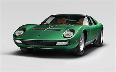 Lamborghini Miura, 1971, P400SV, exterior, green sports coupe, tuning, front view, retro sports car, classic cars, Lamborghini