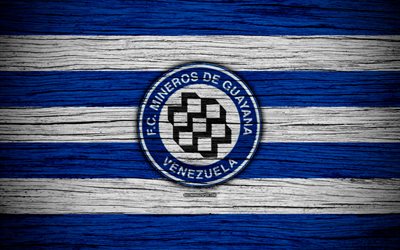 Mineros FC, 4k, logo, La Liga FutVe, soccer, Venezuelan Primera Division, football club, Venezuela, Mineros, creative, wooden texture, FC Mineros
