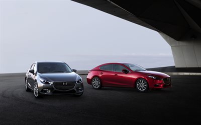 Mazda3, 4k, 3 dış, 2018 arabalar, Mazda 3, Mazda kırmızı, Japon arabalar, Mazda