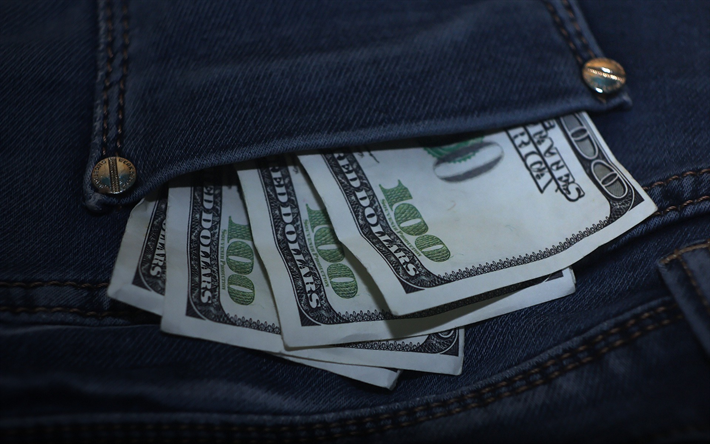 de l&#39;argent dans votre poche, de l&#39;argent, finance concepts, 100 dollars, jeans, une poche de concepts commerciaux