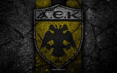 4k, AEK Athens FC, logo, Greece Super League, football, asphalt texture, soccer, emblem, Greek football club, AEK, black stone, AEK Athens, Greece, FC AEK Athens