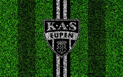 KAS Eupen, 4k, club de football Belge, terrain de football, logo, blanc noir lignes, Jupiler pro League, texture d&#39;herbe, Eipen, Belgique, Belge de Premi&#232;re Division, le FC Eupen
