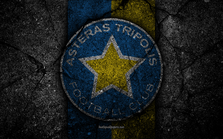 4k, Asteras Tripolis FC, logotipo, Grecia Super League, el f&#250;tbol, el asfalto, la textura, el emblema, el griego club de f&#250;tbol de la piedra negra, Asteras Tripolis, Grecia, FC Asteras Tripolis