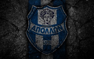 4k, Apollon Smyrni FC, logo, Yunanistan S&#252;per Lig, futbol, asfalt doku, amblem, Yunan Futbol Kul&#252;b&#252;, siyah taş, Apollon Smyrni, Greece, FC Apollon Smyrni