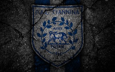 4k, Giannina FC, logo, Greece Super League, football, asphalt texture, soccer, emblem, Greek football club, black stone, Giannina, Greece, FC Giannina