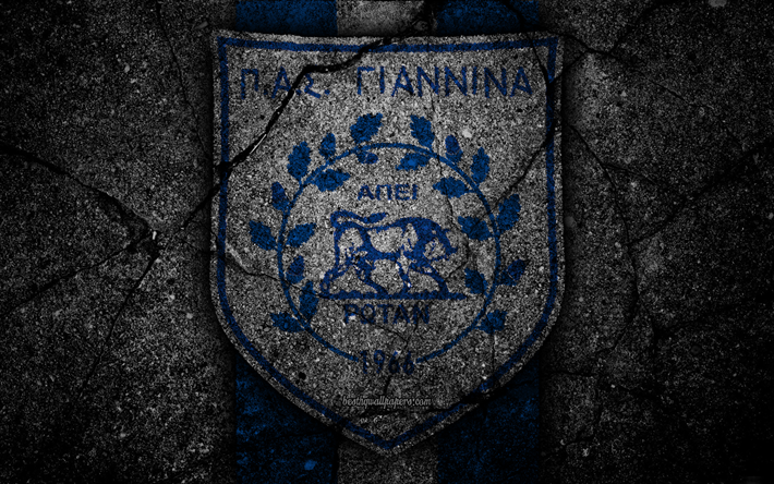 4k, Giannina FC, logo, Grecia Super League, di calcio, di asfalto texture, calcio, emblema, greco football club, pietra nera, Giannina, Grecia, FC Giannina
