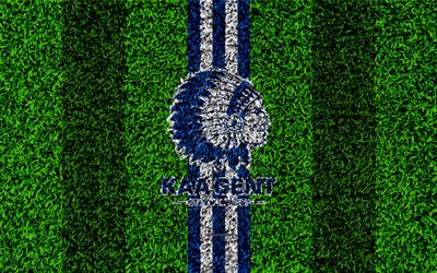 KAA Gent, 4k, Belgi del club di calcio, campo di calcio, con logo, bianco righe blu, Jupiler League, erba texture, Gand, in Belgio, Belga di Prima Divisione A, Gent fc
