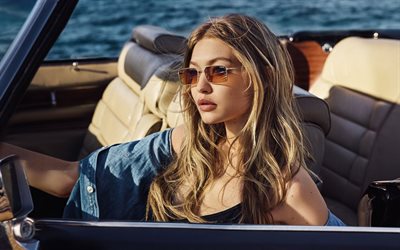 Gigi Hadid, American model, American fashion model, woman driving, photo shoot, convertible, beautiful young woman, Jelena Noura Hadid