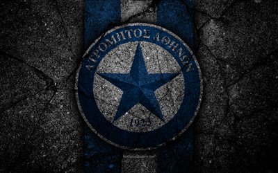 4k, Atromitos FC, logo, Greece Super League, football, asphalt texture, soccer, emblem, Greek football club, black stone, Atromitos, Greece, FC Atromitos