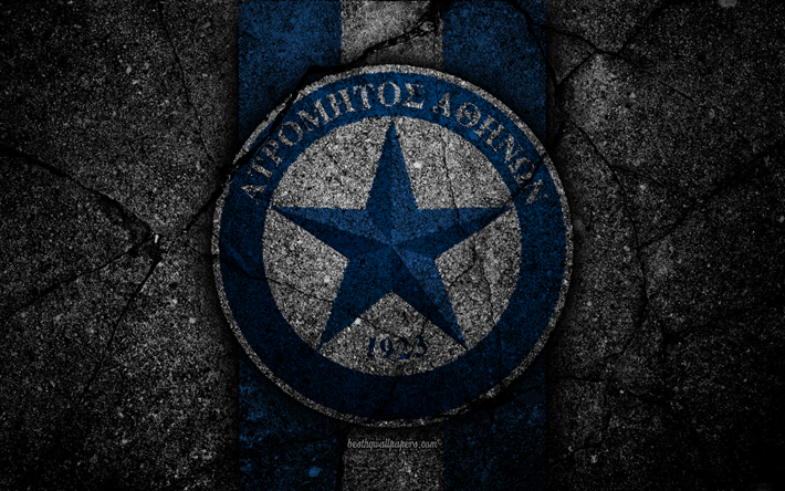 4k, Atromitos FC, logotyp, Grekland-Super League, fotboll, asfalt konsistens, emblem, Grekisk fotboll club, svart sten, Atromitos, Grekland, FC Atromitos