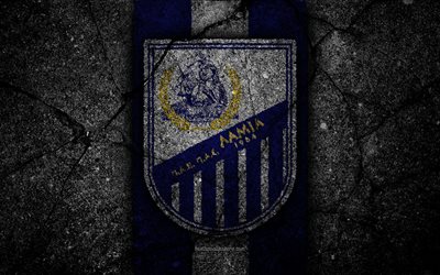 4k, Lamia FC, logo, Greece Super League, football, asphalt texture, soccer, emblem, Greek football club, black stone, Lamia, Greece, FC Lamia