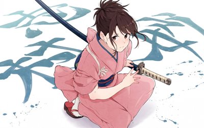 Gintama, Shimura Tae, Japanese manga, characters, pink kimono, katana, art