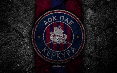 4k, Kerkyra FC, logo, Grecia Super League, di calcio, di asfalto texture, calcio, emblema, greco football club, pietra nera, Kerkyra, Grecia, FC Kerkyra