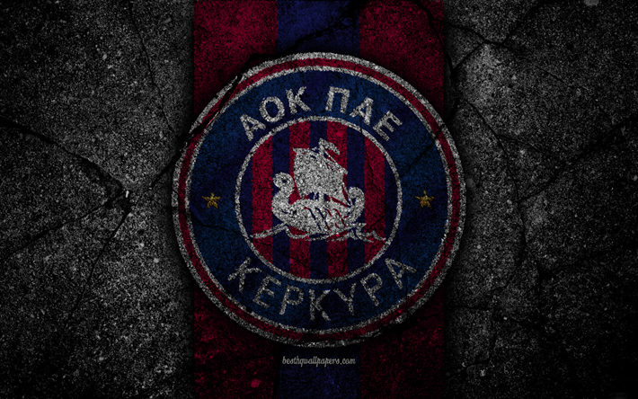 4k, Kerkyra FC, logo, Yunanistan S&#252;per Lig, futbol, asfalt doku, amblem, Yunan Futbol Kul&#252;b&#252;, siyah taş, Kerkyra, Yunanistan