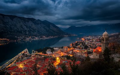 Kotor, akşam şehir, fjord, şehir, ev, dağlar, Karadağ, Avrupa