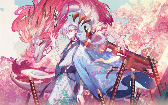 Download wallpapers Ren Ichimoku, manga, dragon, sakura, Hell Girl ...