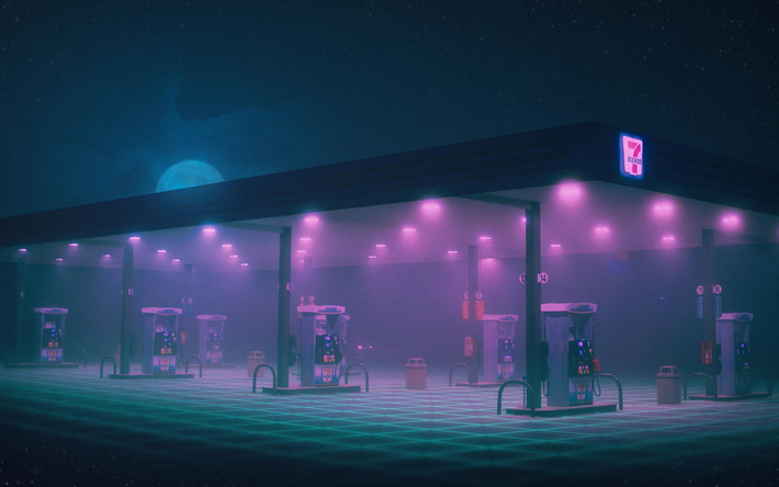 Gas Station, night, fog, fueling station