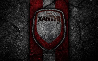 4k, Xanthi FC, logo, Greece Super League, football, asphalt texture, soccer, emblem, Greek football club, black stone, Xanthi, Greece, FC Xanthi